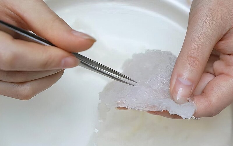 Đôi tay cẩn thận tách tổ yến với nhíp trên đĩa trắng, minh họa cho quá trình chế biến yến sào.