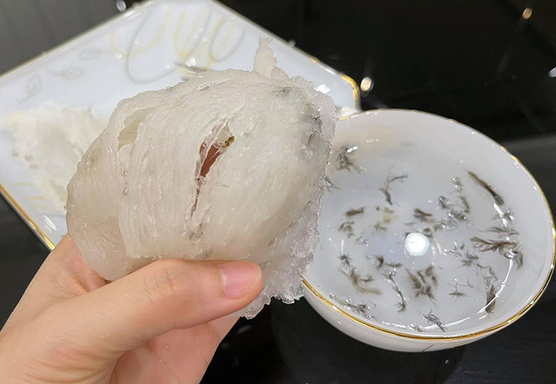 Tổ yến thật ngâm trong nước nở đều và giữ màu